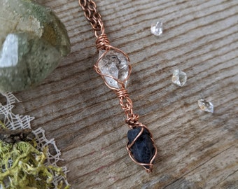 Raw herkimer diamond and blue sapphire crystal pendant, natural herkimer diamond pendant, natural blue sapphire pendant, medium blue sapphir