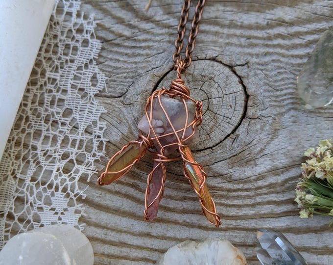 flower agate star pendant, flower agate and aura quartz star pendant, shooting star, bursting star pendant, flower agate necklace, flower ag