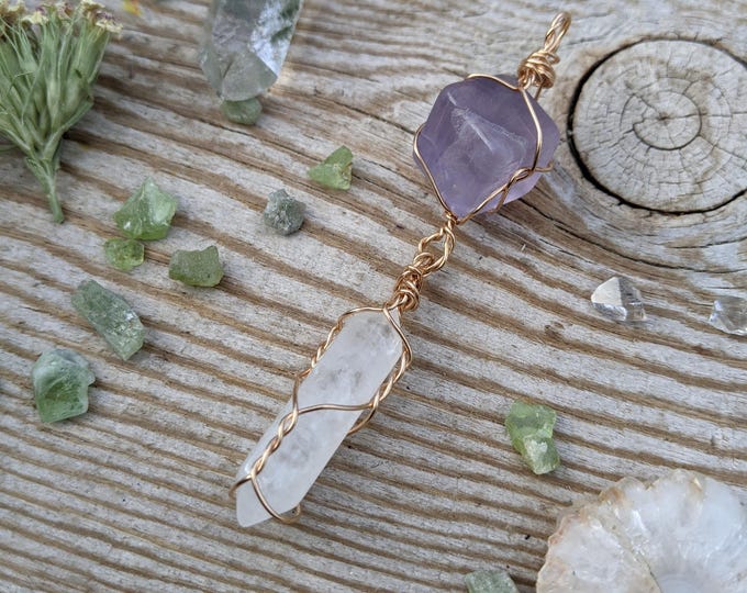 purple Fluorite cube and quartz crystal pendant, natural purple fluorite crystal pendant, clear quartz double terminated quartz, double term
