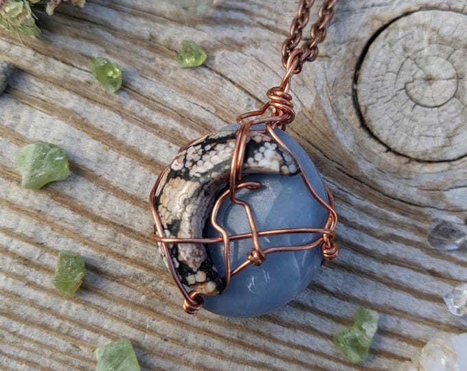 snake skin jasper and angelite crystal pendant, natural angelite pendant, natural snake skin jasper pendant, polished angelite, moon pendant