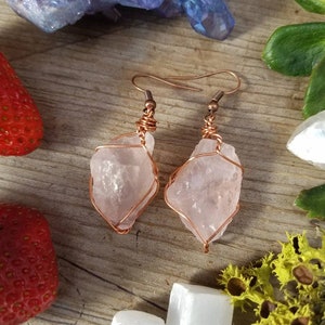 Rose quartz earrings, raw natural rough rose quartz crystals, pink quartz earrings, large chunky earrings, pure copper wire wrapped earrings image 8