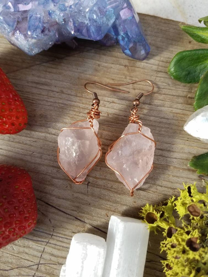 Rose quartz earrings, raw natural rough rose quartz crystals, pink quartz earrings, large chunky earrings, pure copper wire wrapped earrings image 8