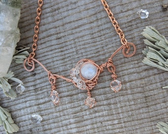 Herkimer moon and moontone statement necklace, moonstone necklace, herkimer diamond necklace, crystal moon necklace, solid copper statement