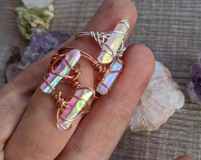 Angel aura quartz crystal ring, pure copper wire wrapped ring, custom size made to order, opal aura quartz ring, rainbow aura quartz ring