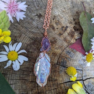 angel aura quartz cluster double quartz and amethyst crystal pendant, natural double terminated rainbow quartz crystal, opal aura crystal pe