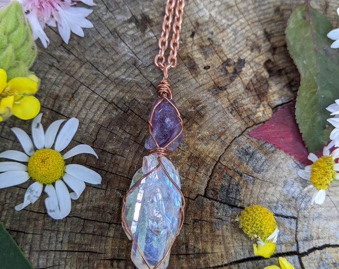 angel aura quartz cluster double quartz and amethyst crystal pendant, natural double terminated rainbow quartz crystal, opal aura crystal pe