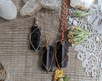 Large Black tourmaline crystal pendant, raw rough natural black tourmaline, large tourmaline necklace, black tourmaline pendant, short wide