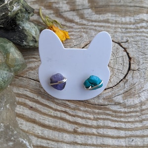 Tanzanite and turquoise crystal earrings, mismatched crystal stud earrings, mismatch stud earrings, mismatched studs, natural crystal studs,