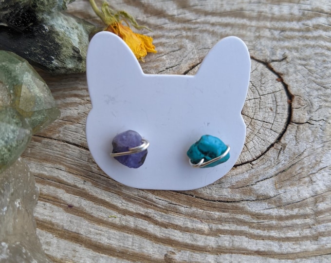 Tanzanite and turquoise crystal earrings, mismatched crystal stud earrings, mismatch stud earrings, mismatched studs, natural crystal studs,