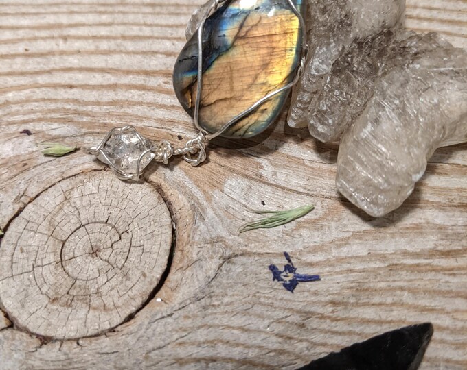 Labradorite and herkimer diamond crystal pendant in fine silver, silver labradorite pendant, labradorite and herkimer diamond pendant, natur