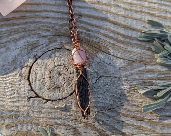 Natural Kunzite and black kyanite mini crystal pendant, pink kunzite and black kyanite pendant, kunzite pendant, kunzite necklace, natural r