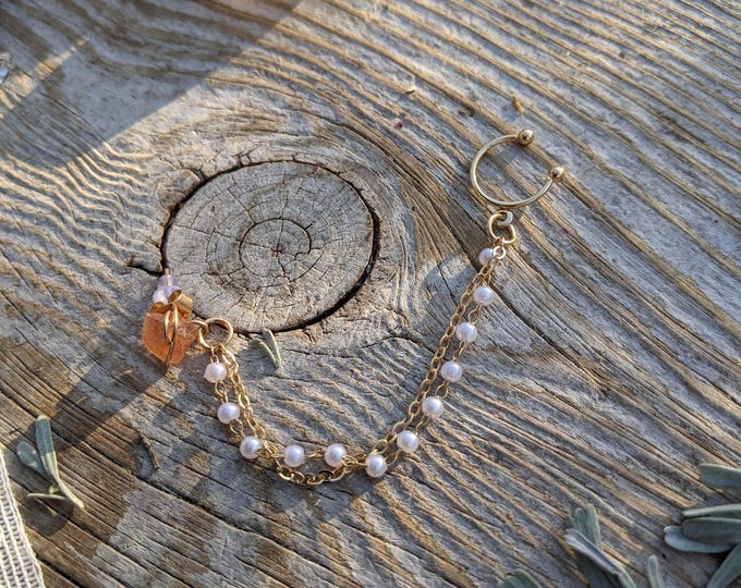 Sunstone crystal stud earring and cuff set, rainbow sunstone crystal stud earring, pearl earring cuff, sunstone ear cuff, natural sunstone e