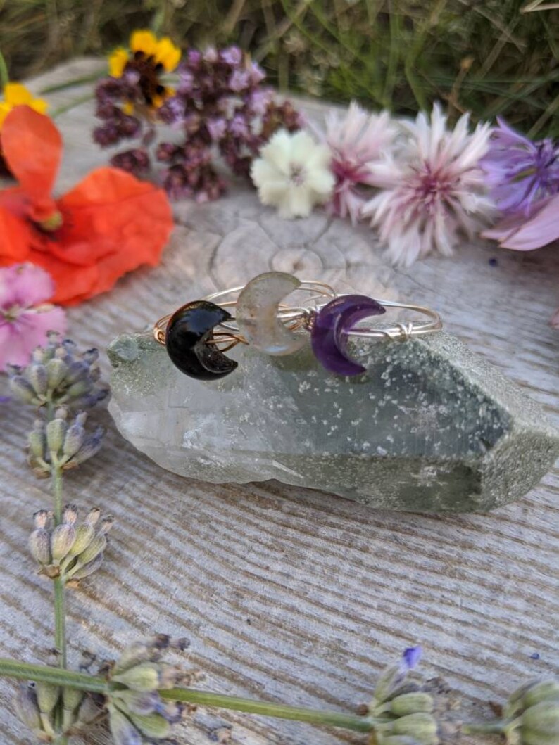 crescent moon black tourmaline crescent ring Natural crystal Crescent moon ring amethyst moon ring labradorite crescent moon ring
