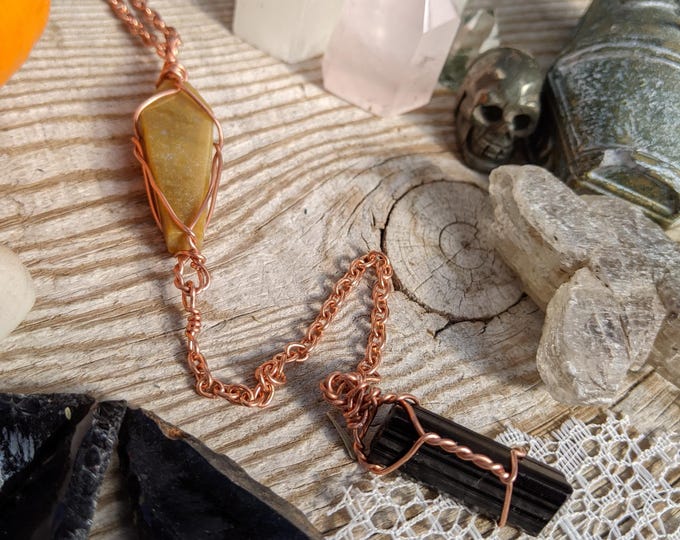 Yellow moss agate coffin and black tourmaline crystal pendulum pendant, natural coffin pendant, coffin pendulum, coffin jewelry, black tourm
