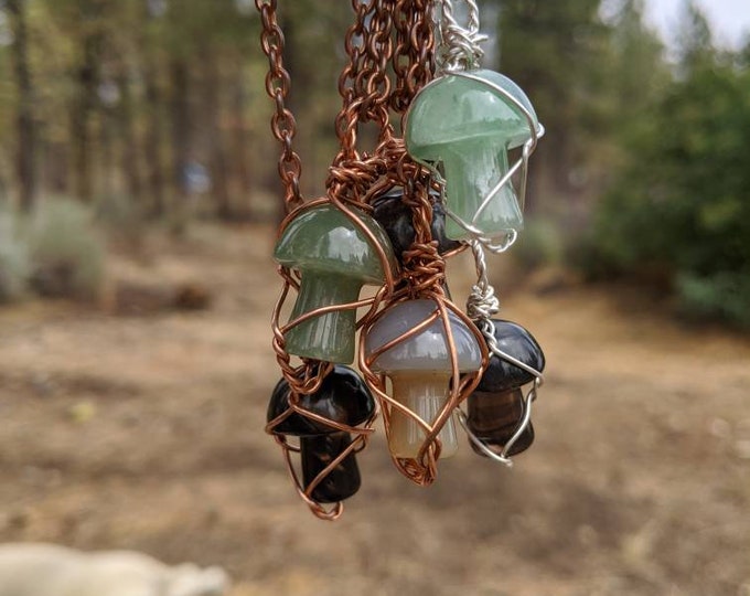 mini crystal mushroom pendants, aventurine pendant, smokey quartz mushroom, aventurine mushroom, unikite mushroom, crystal pendant, mystical