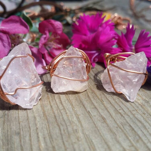 Raw rose quartz crystal ring, pure copper wire wrapped ring, made to order, raw pink quartz, natural rose quartz ring, crystal ring, raw nat