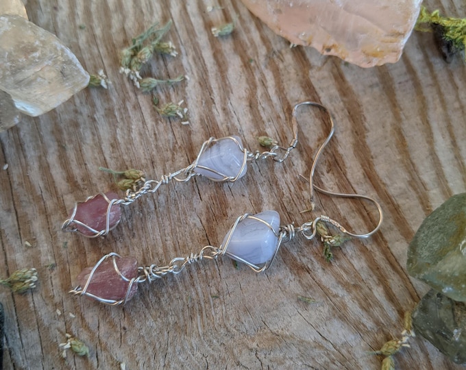 Blue lace age and pink tourmaline combo earrings in sterling silver