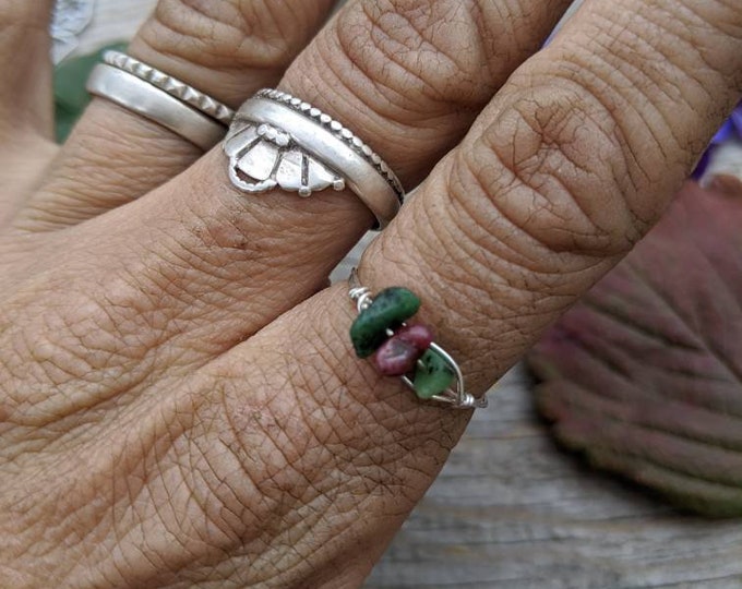 Ruby Zoisite crystal ring, natural ruby in zoisite dainty ring, made to order