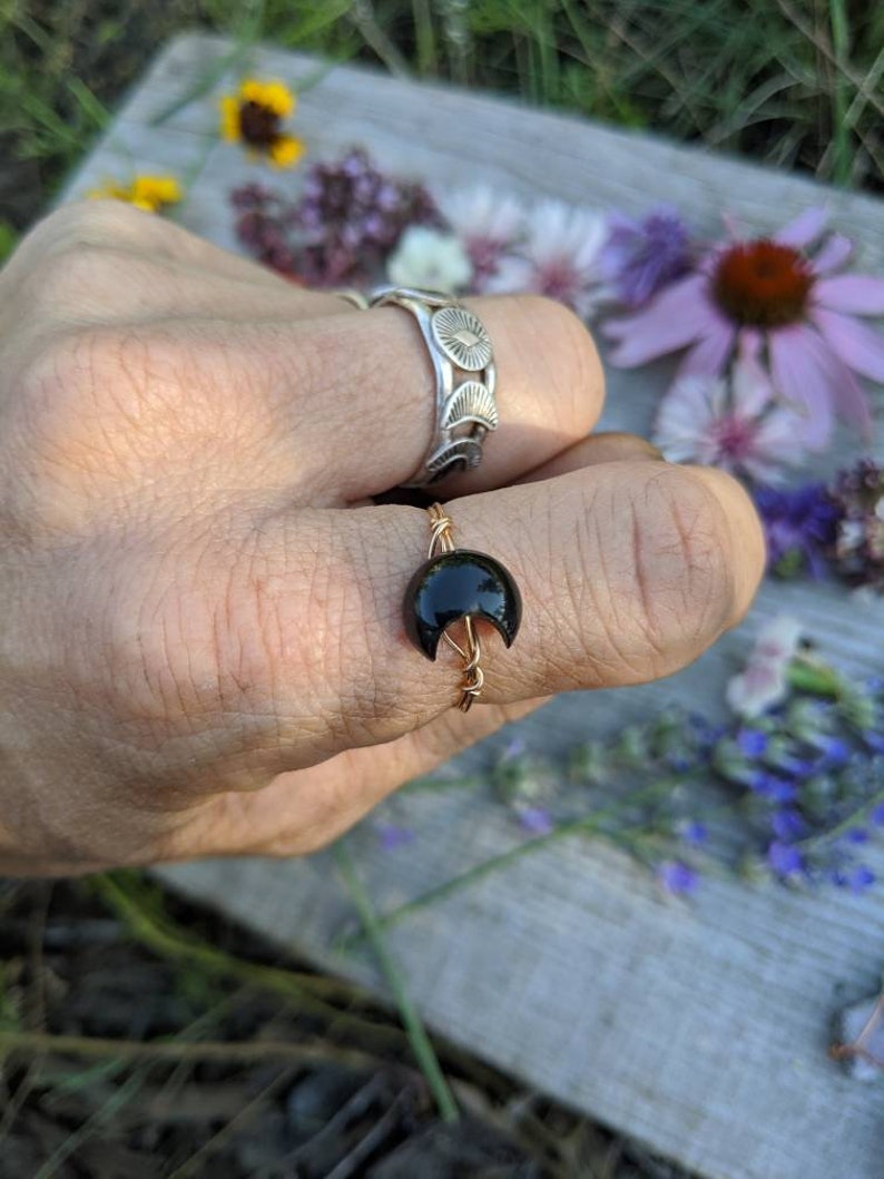 crescent moon black tourmaline crescent ring Natural crystal Crescent moon ring amethyst moon ring labradorite crescent moon ring
