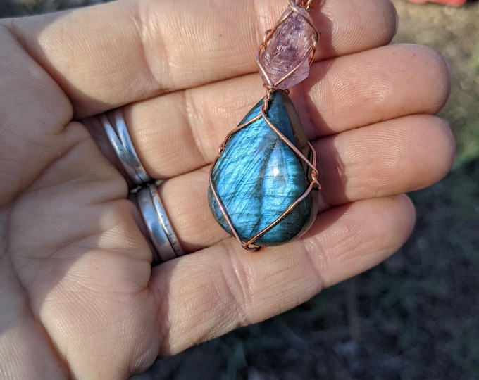 Amethyst and labradorite crystal pendant, natural purple chevron amethyst and raw rough all natural blue flash labradorite crystal necklace