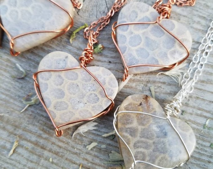 fossil corral heart pendant, natural corral pendant, carved crystal heart, fossil coral stone, crystal heart pendant, fossil corral necklac