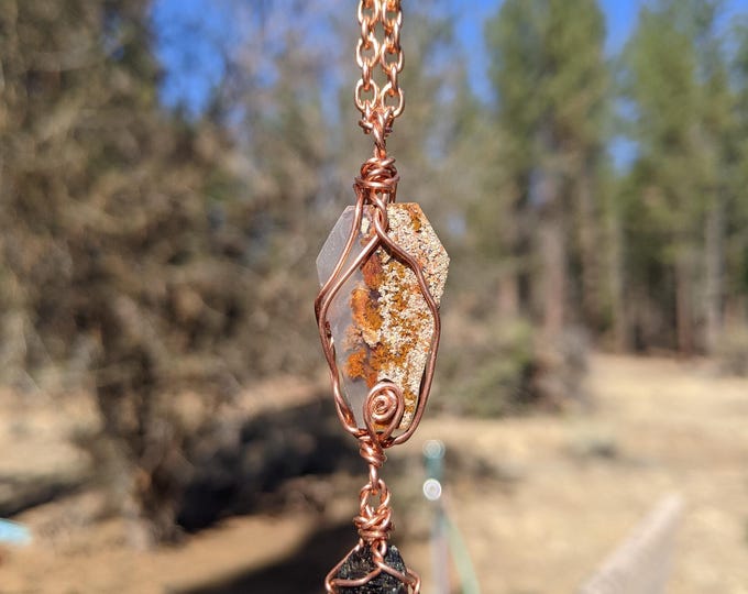 moss agate coffin and black tourmaline pendant, moss agate pendant, black tourmaline necklace, natural moss agate pendant, coffin pendant,
