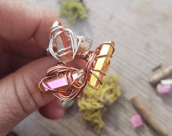Sunset aura quartz crystal ring, pure copper wire wrapped ring, custom size made to order, opal aura quartz ring, rainbow aura quartz ring