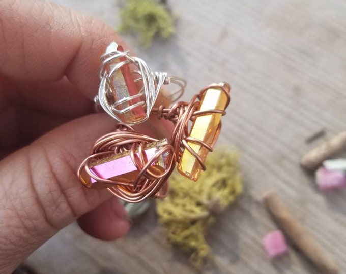 Sunset aura quartz crystal ring, pure copper wire wrapped ring, custom size made to order, opal aura quartz ring, rainbow aura quartz ring