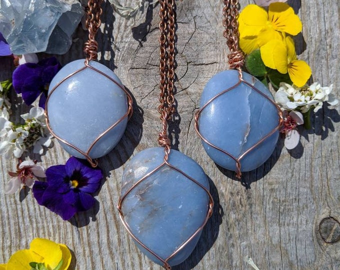 Angelite crystal pendant, natural blue angelite, polished angelite pendant, angelite necklace, natural high quality angelite stone, simple
