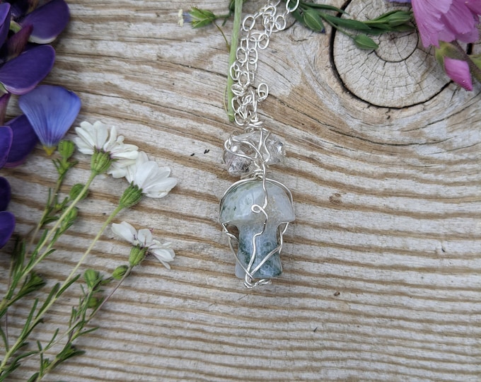 mossy mushroom and herkimer diamond pendant, moss agate mushroom pendant, mushroom necklace, herkimer diamond penfant, herimer necklace, raw