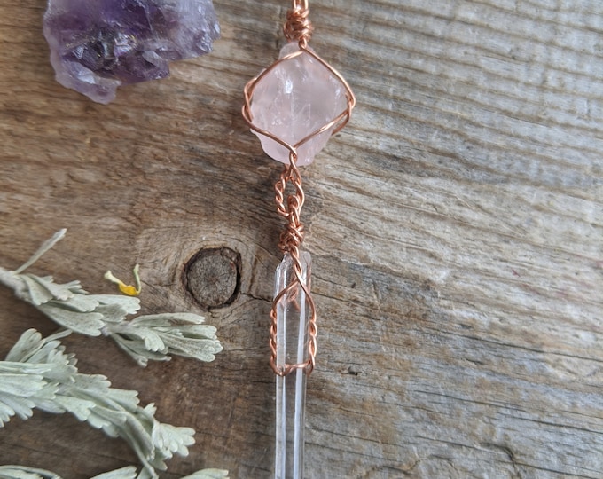rose quartz and quartz crystal pendant, raw natural rough pink quartz and clear columbian quartz crystal point pendant, raw quartz necklace