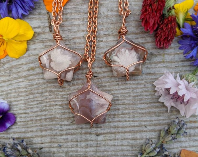 Flower Agate Crystal Star Pendant, flower agate pendant, flower agate necklace, star pendant, star necklace, pure copper, sterling silver
