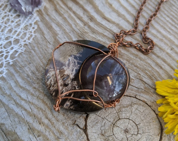 petrified Palm root crystal moon necklace with full amethyst moon, natural petrified Palm root necklace, amethyst necklace, Chevron amethyst
