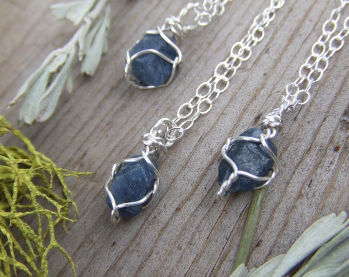 Raw Blue Sapphire all natural crystal wire wrapped in pure silver with a real leather chord or sterling chain raw natural rough dainty small