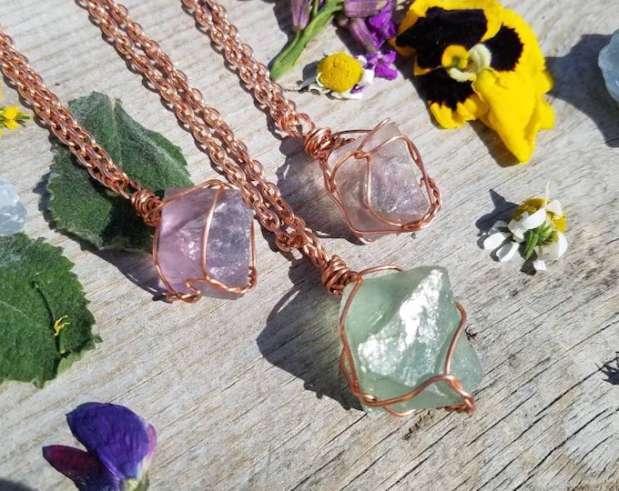 Small Fluorite octohedron crystal pendant, flourite pendant, natural raw rough fluorite necklace, green or purple stones, copper or sterling
