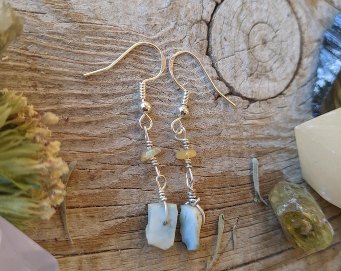 Sterling Silver Fire opal and larimar crystal earrings, larimar earrings, fire opal earrings natural raw larimar, natural opal, rainbow opal