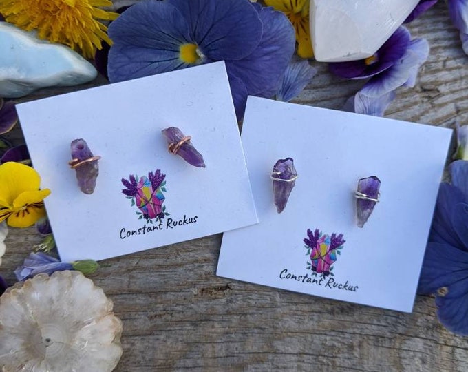 Raw amethyst studs, amethyst shard stud earrings, amethyst point, amethyst earrings, amethyst crystal earrings, natural amethyst rough, cute