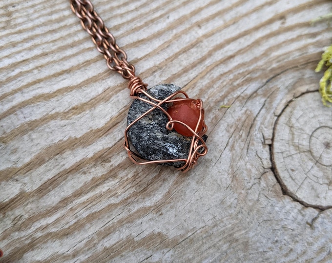 black tourmaline crescent moon and red rainbow fire opal crystal pendant, fire opal pendant, black tourmaline pendant, moon pendant, moon je