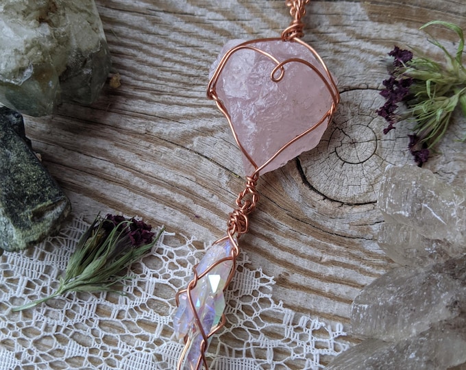 pink quartz and angel aura quartz cluster crystal pendant, rare high quality pink quartz cluster with a gorgeous opal aura crystal below it