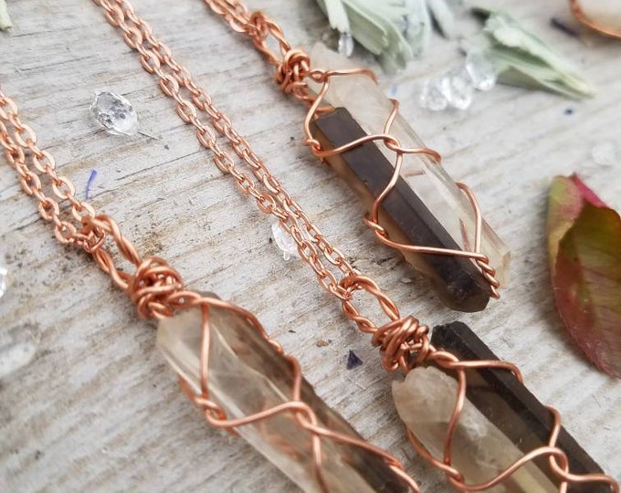 Quartz and smokey quartz crystal combination pendant, smokey quartz pendant, double crystal pendant, raw quartz pendant, natural quartz poin
