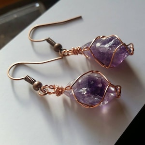 Raw Amethyst earrings, natural amethyst earrings, pure copper amethyst earrings, sterling silver amethyst earrings, raw root amethyst crysta