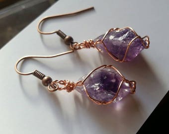 Raw Amethyst earrings, natural amethyst earrings, pure copper amethyst earrings, sterling silver amethyst earrings, raw root amethyst crysta