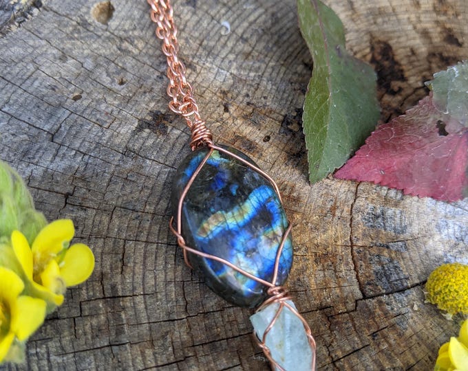 rainbow labradorite and green calcite crystal pendant, natural calcite pendant, natural blue flash rainbow labradorite pendant, natural rain