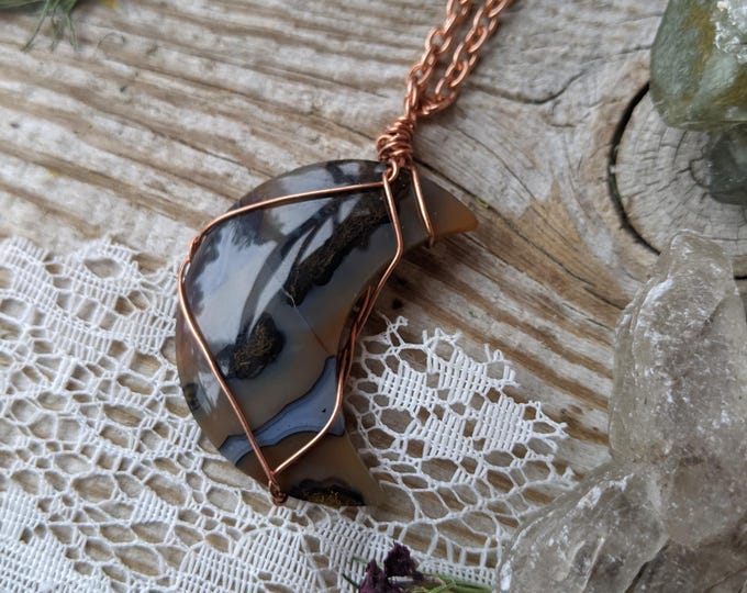 Jasper crescent moon pendant in solid copper, jasper moon pendant, moon jewelry, large crystal moon necklace, large jasper pendant, jasper