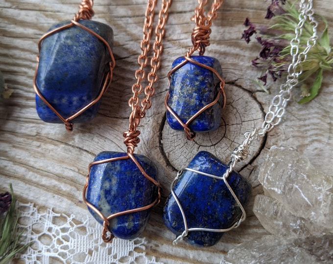 raw rough natural medium lapis lazuli crystal wire wrapped pure copper pendant necklace adjustable leather chord or copper chain dark blue