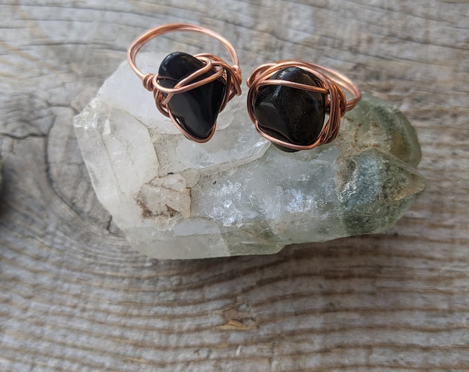 Black obsidian crystal ring, copper obsidian ring, silver obsidian ring, sheen obsidian ring, golden sheen, silver sheen, black crystal ring