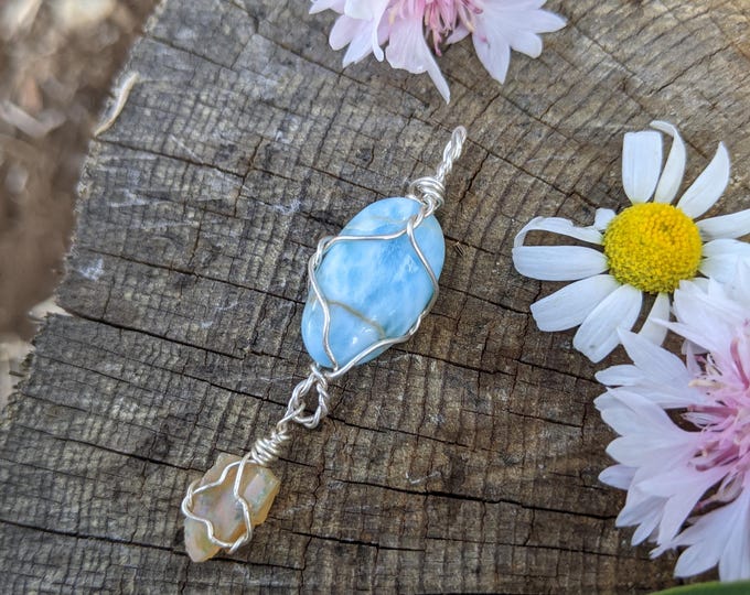 Larimar and rainbow opal crystal pendant in fine silver, natural larimar crystal necklace, fine silver opal pendant, rainbow opal pendant