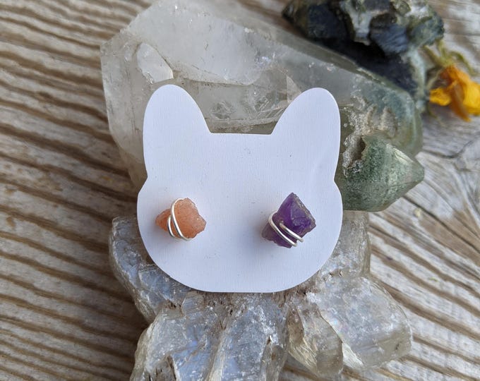 sunstone and amethyst mismatched studs, natural sunstone studs, natural amethyst studs, sunstone earrings, mismatched studs, crystal studs,