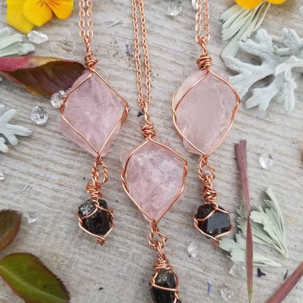 Rose quartz and black tourmaline pendant, rose quartz pendant, black tourmaline pendant, rose quartz necklace, raw crystal jewelry, raw tour