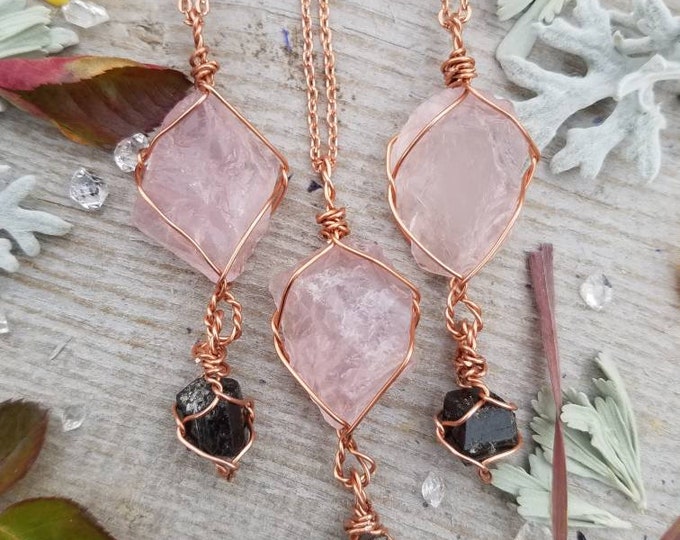 Rose quartz and black tourmaline pendant, rose quartz pendant, black tourmaline pendant, rose quartz necklace, raw crystal jewelry, raw tour